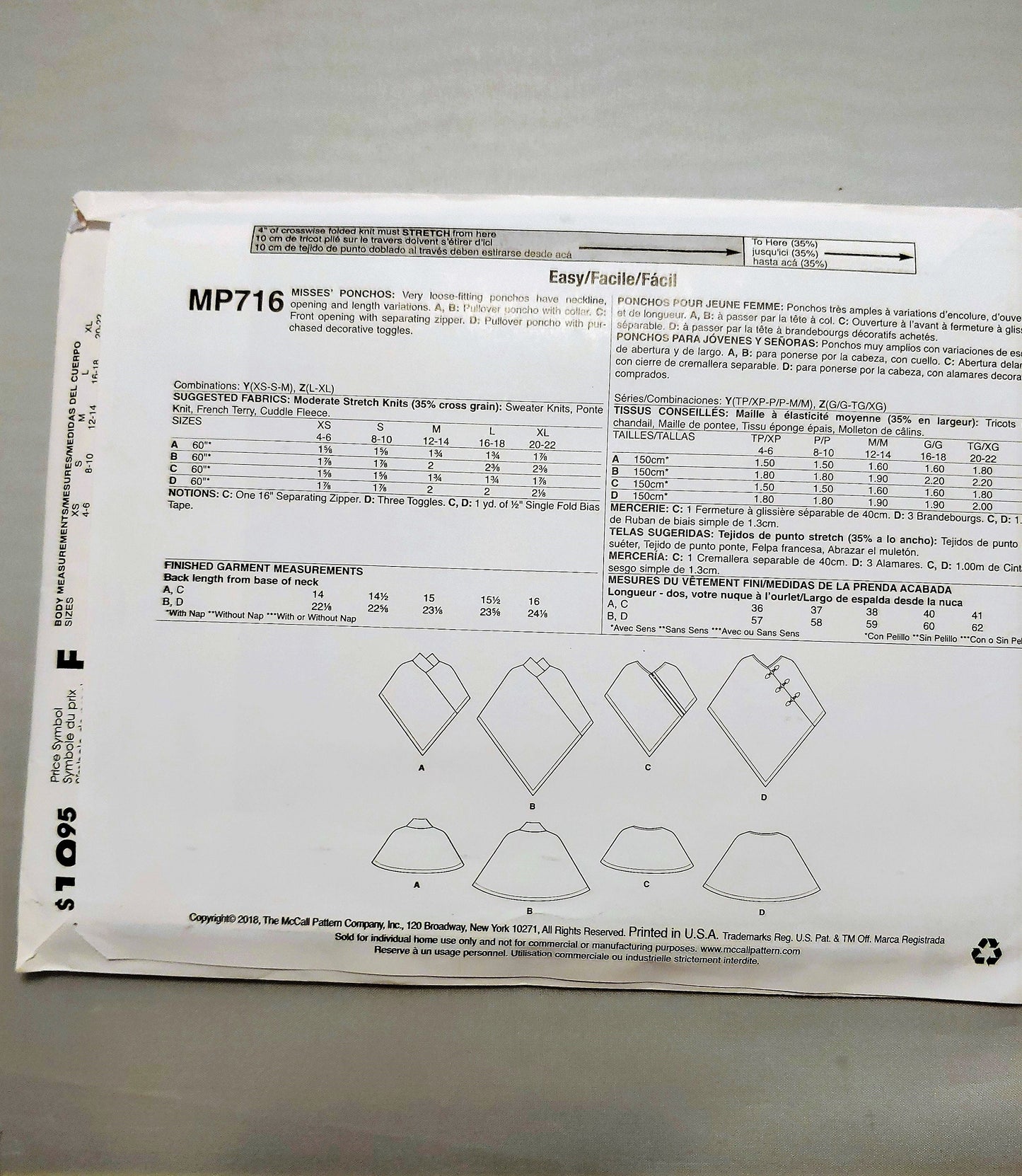 McCalls pattern, misses poncho,  loose fitting poncho, misses cape,, misses pullover top, number MP716  size Xsm-med, umcut