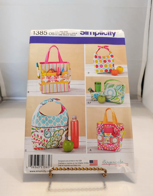 Simplicity pattern, lunchbag pattern, snack bag pattern, art caddy pattern, crafting bags number 1385,  size 0ne size,  uncut condition,