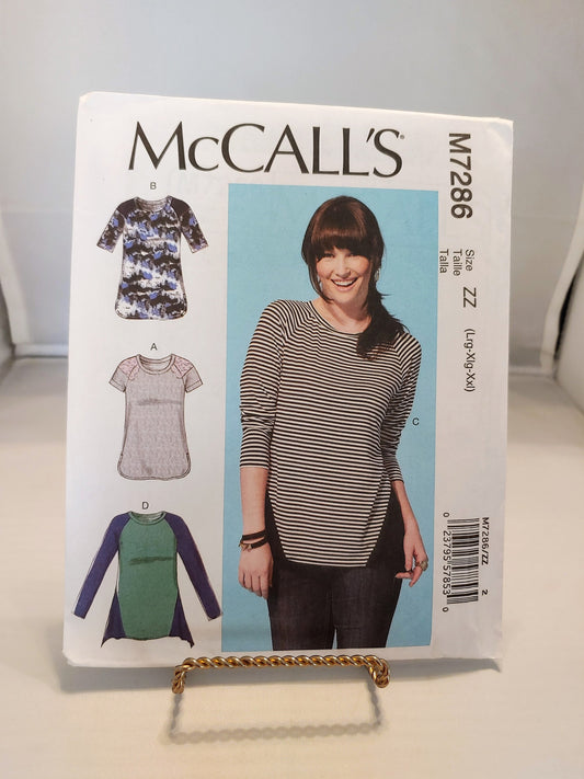 McCalls pattern, misses tops, womens pullover tops, womens tops, close fitting tops, top variations,  number 7286, sizes lg - xxlg, uncut