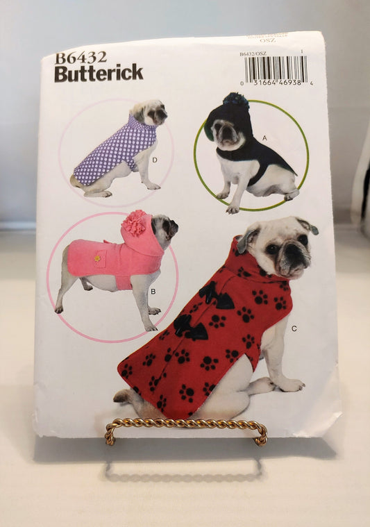 Butterick pattern, pet coats, dog coats, dog hooded coat, number 6432, size all sizes, gift for pets,  new uncut condition