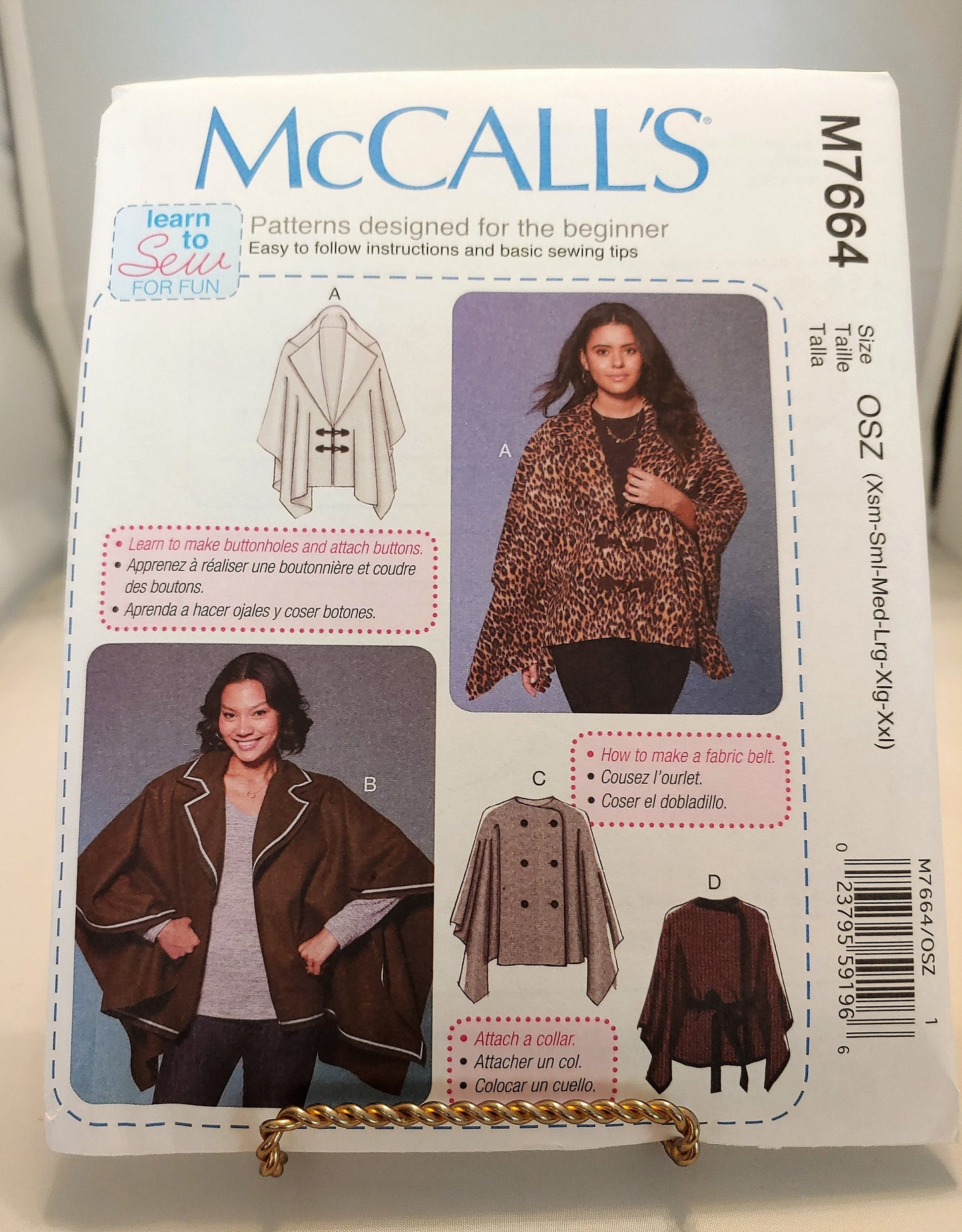 McCalls pattern, misses capes, womens capes, misses belts, loose fitting cape, misses jacket, number 7664,  size Xsm-XXlg