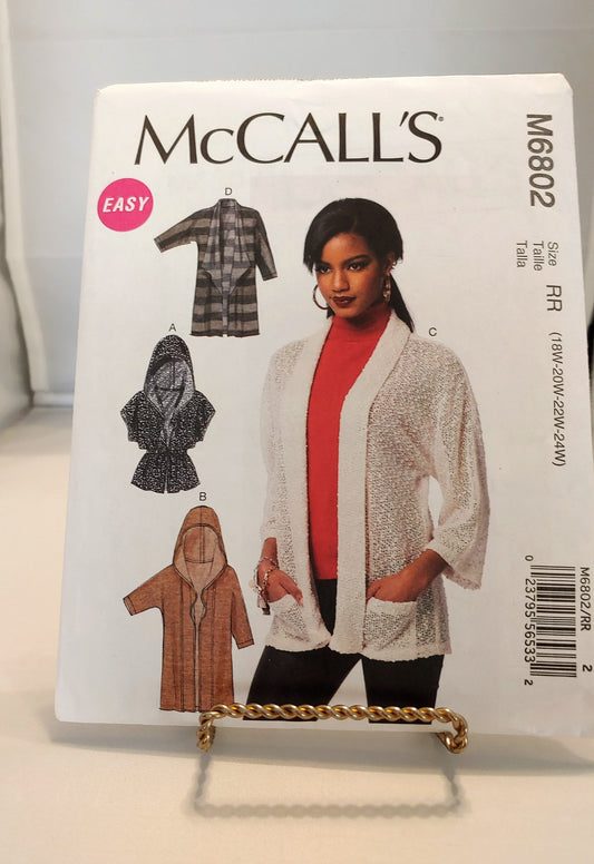 McCalls pattern, misses cardigan, womens cardigan, misses jacket, loose fitting jacket, womans jacket, number 6802,  size 18W-24W