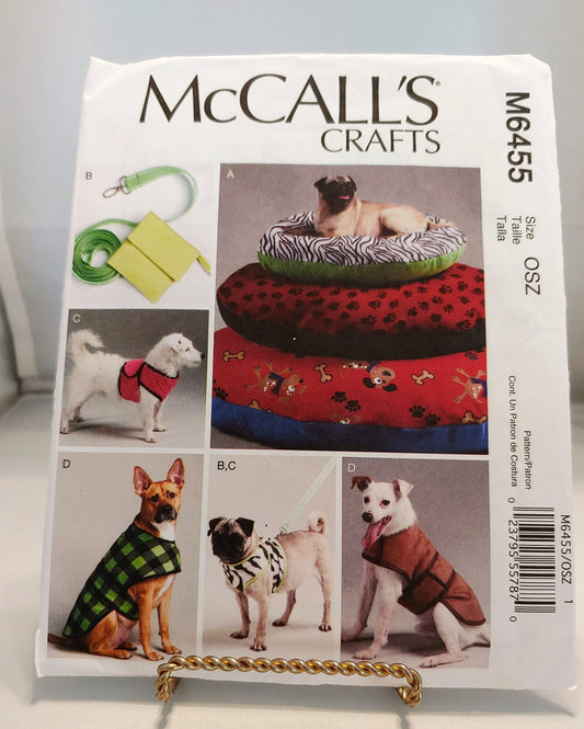 McCalls pattern, pet coats, pet beds 3 sizes, gift for pets,lease case, harness vest, number6455,  new uncut condition