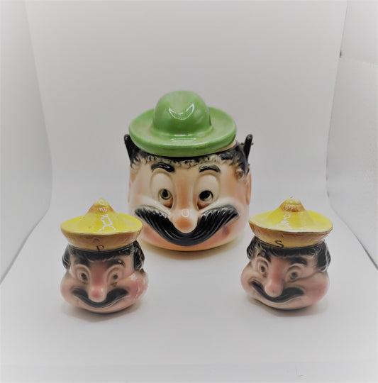 vintage stove set, grease pot man grease pot, salt  pepper shakers, man s/p set, numbered vitage set, stove set ceramic pot, anthropomorphic